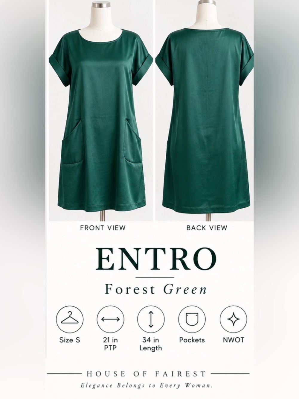 Entro Forest Green Satin Look Pocket Shift Mini Dress S NWT